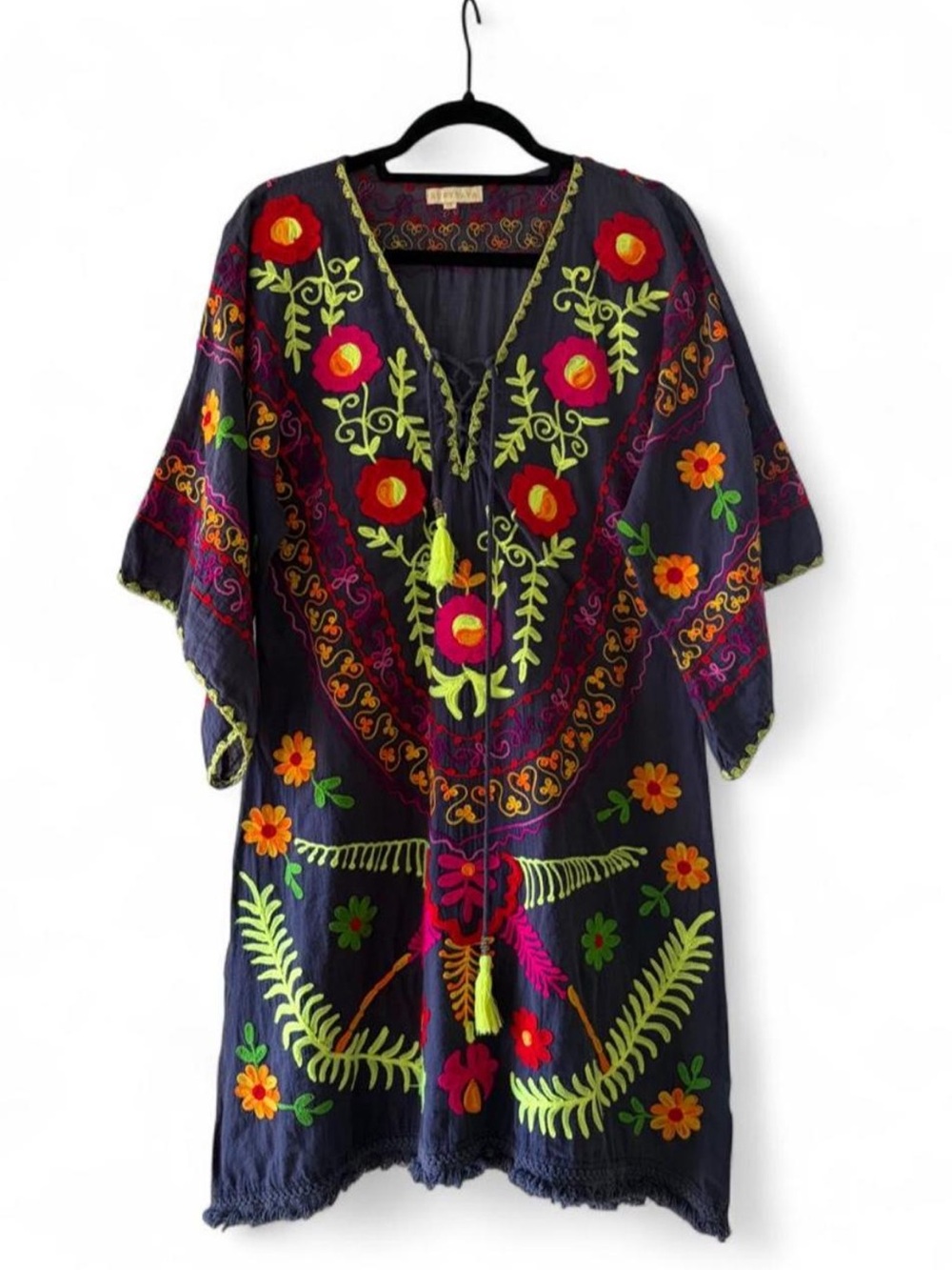 Ruby Yaya Embroidered Floral Navy Tunic with Bright Multicolor Stitching